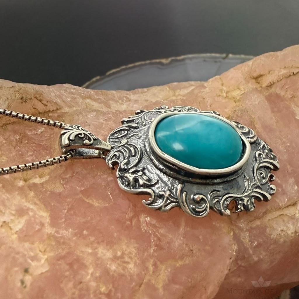 Paz Israel Sterling Silver Oval Turquoise Decorated Pendant w/Necklace For Women