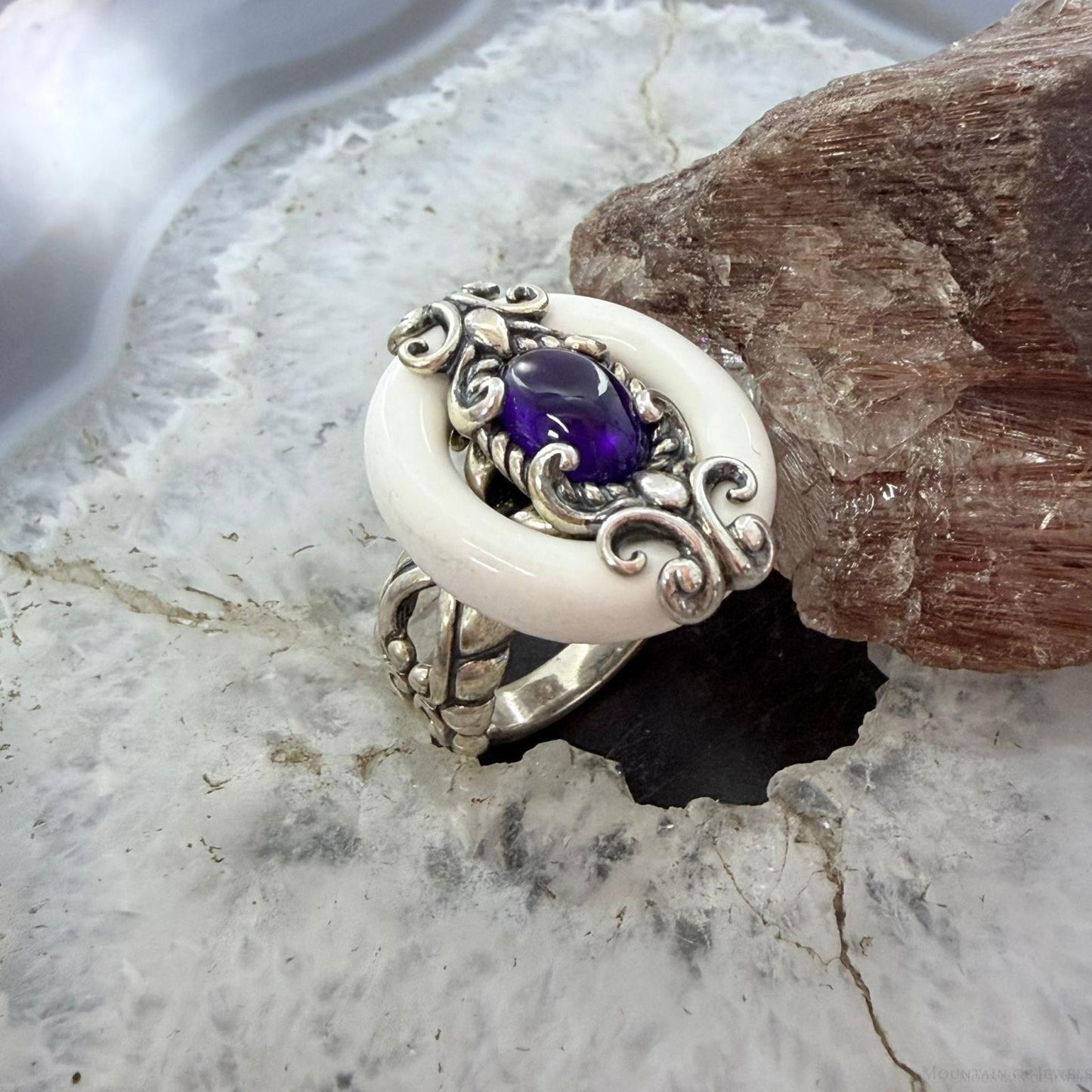 Carolyn Pollack Sterling Silver White Agate & Oval Amethyst Ring Size 7.25 For Women