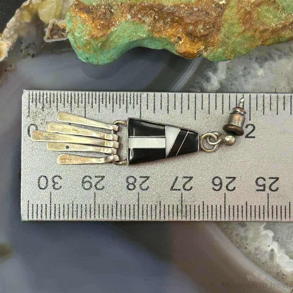 Vintage Native American Sterling Silver Onyx & MOP Inlay Dangle Earrings For Women