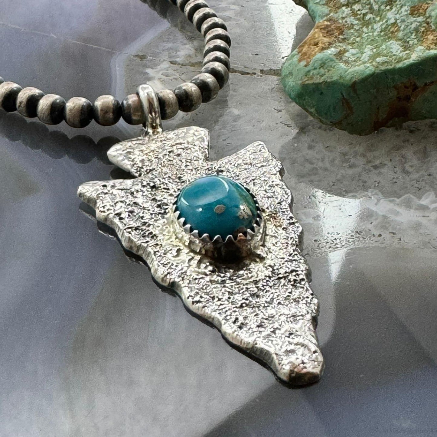 Gary Custer Navajo Native American Sterling Silver Tufa Cast Turquoise Arrowhead Unisex Pendant #1