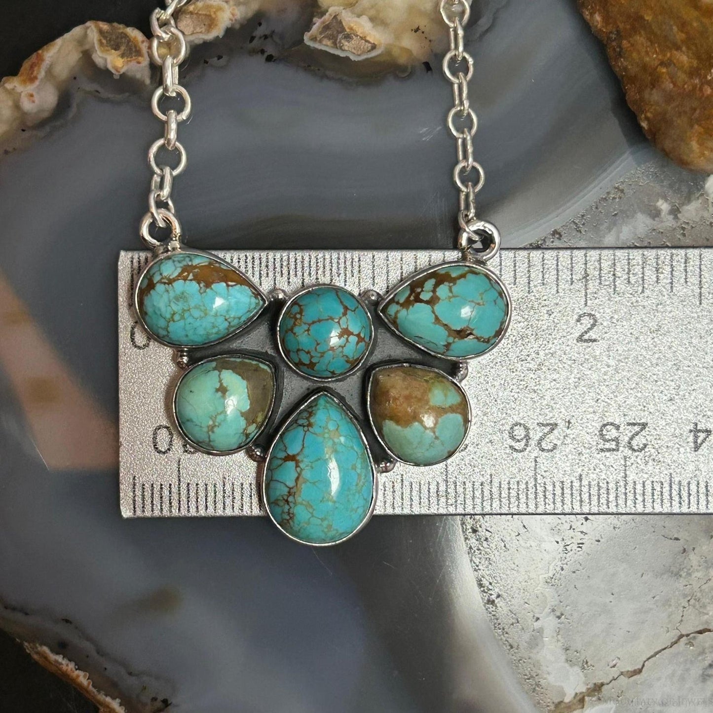 Sterling Silver Southwestern Style Turquoise #8 Cluster 19" Lariat Necklace For Women
