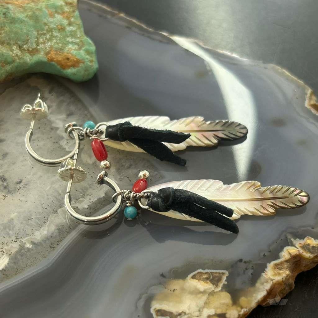 Carolyn Pollack Southwestern Style Sterling Silver MOP Etched Feather Dangle Earrings