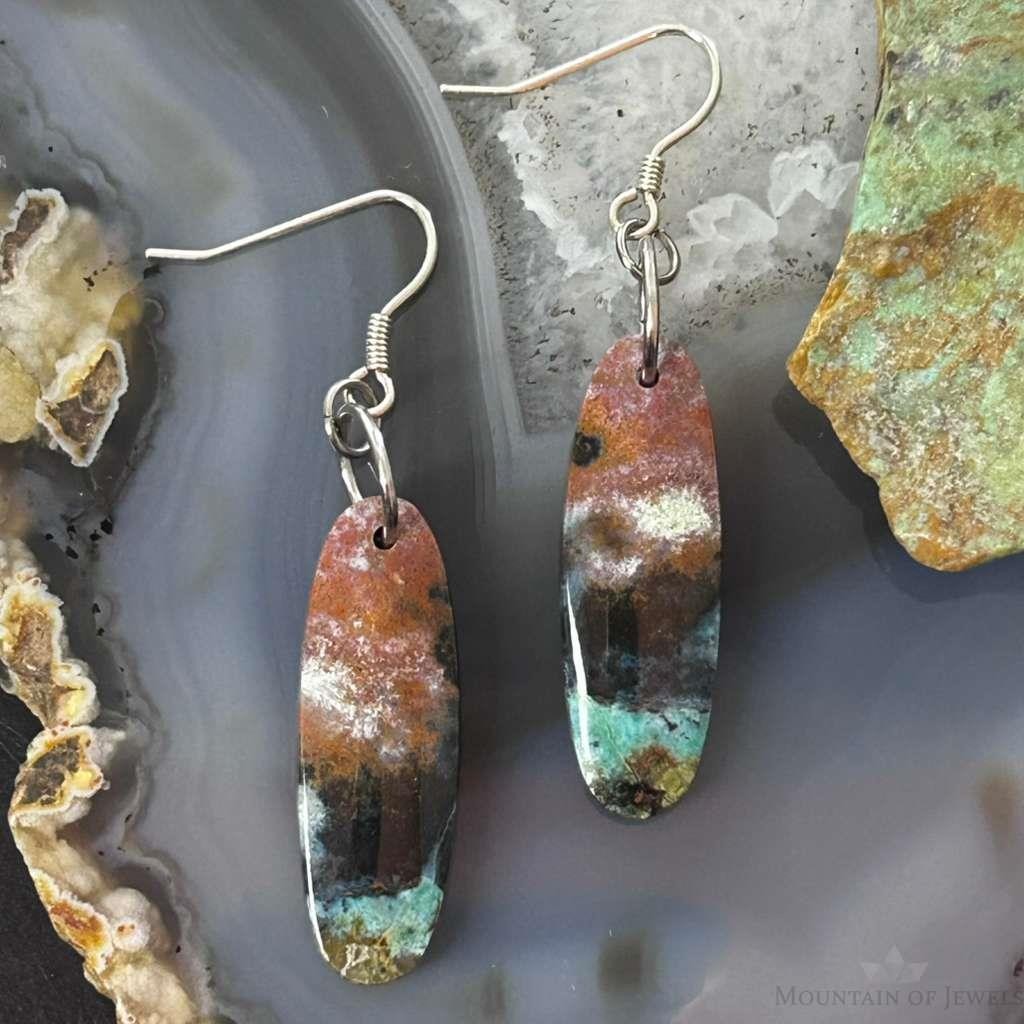 Sterling Silver Oval Chrysocolla Slab Dangle Earrings For Women #330