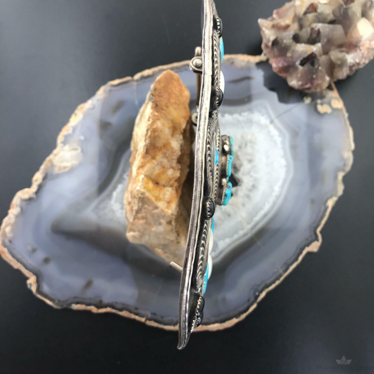 Heavy Silver Belt Buckle Turquoise Mother of Pearl and Onyx Oval Belt Buckle