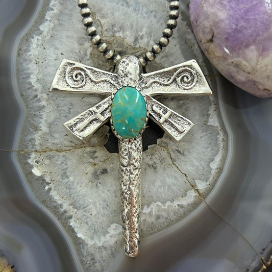Gary Custer Navajo Sterling Silver Tufa Cast Turquoise Dragonfly Unisex Pendant