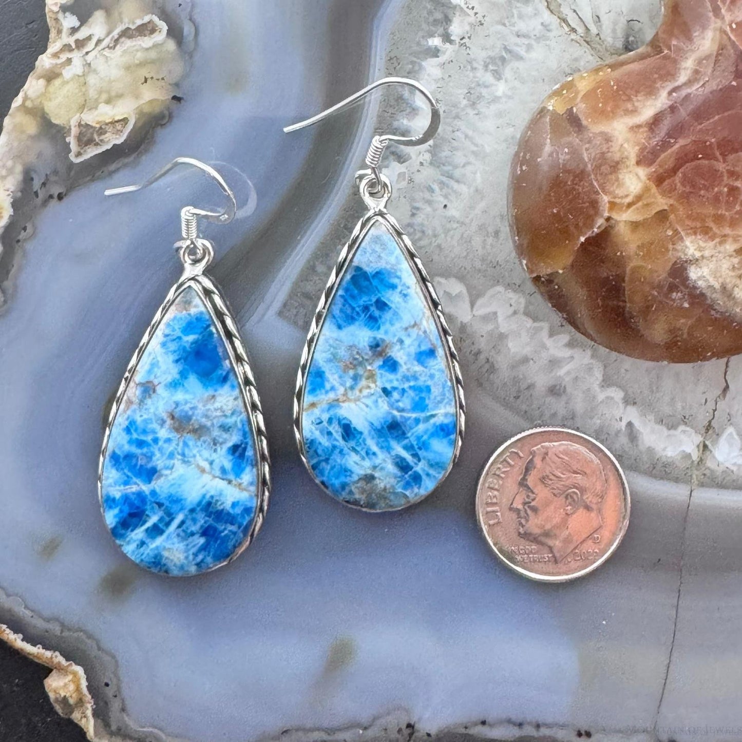 Sterling Silver Southwestern Style Teardrop Blue Apatite Dangle Earrings For Women