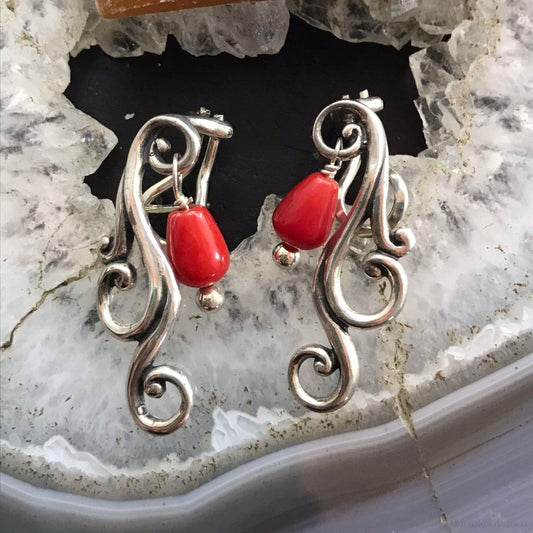 Carolyn Pollack Sterling Silver Swirls With Coral Bead Dangle Earrings For Women