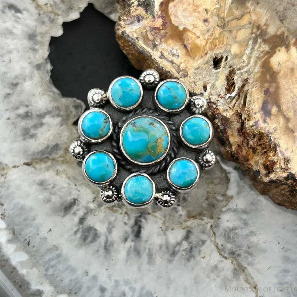 Sterling Silver Southwestern Style Mohave Turquoise Cluster Ring Size 8 For Women