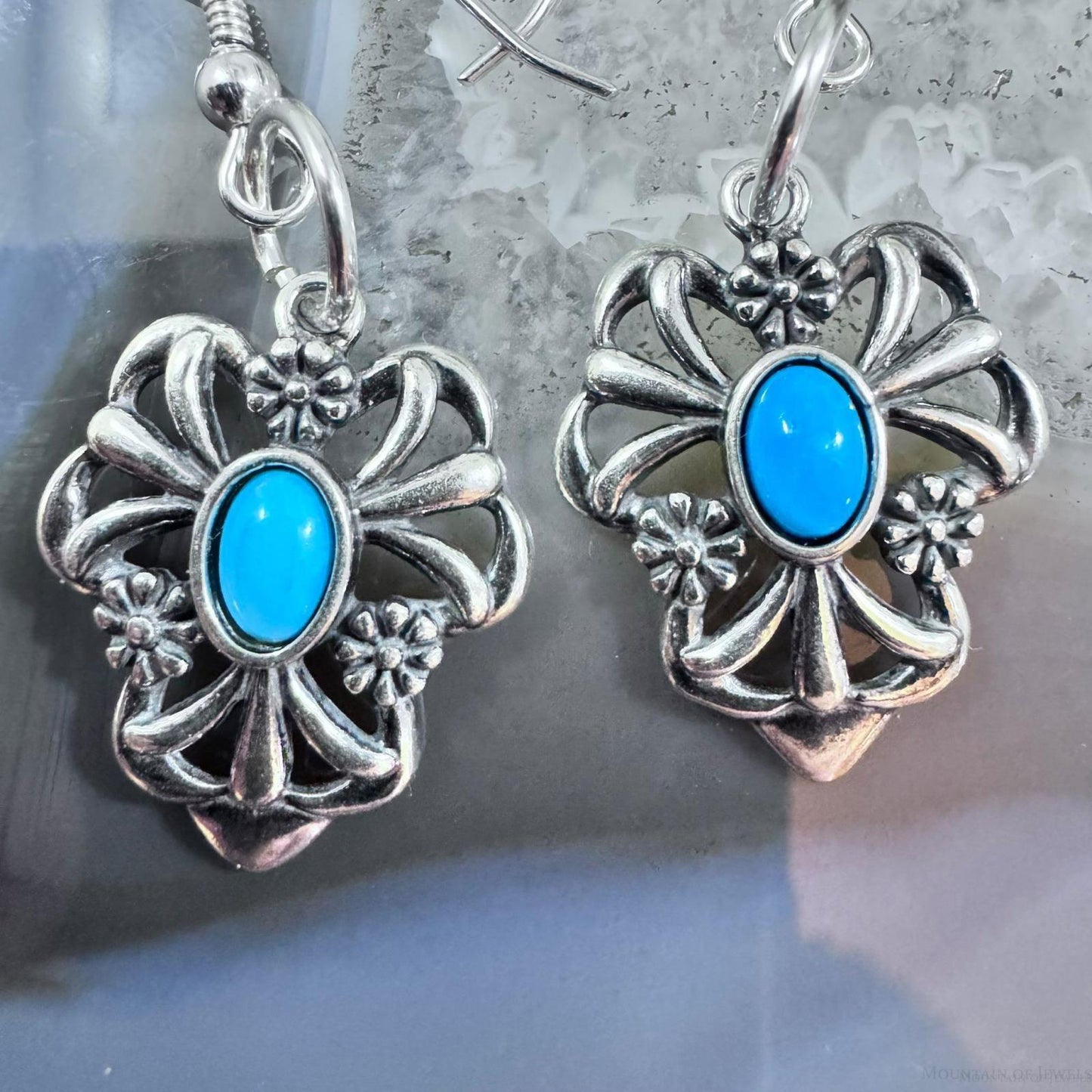 Carolyn Pollack Sterling Silver Turquoise Floral Dangle Earrings For Women