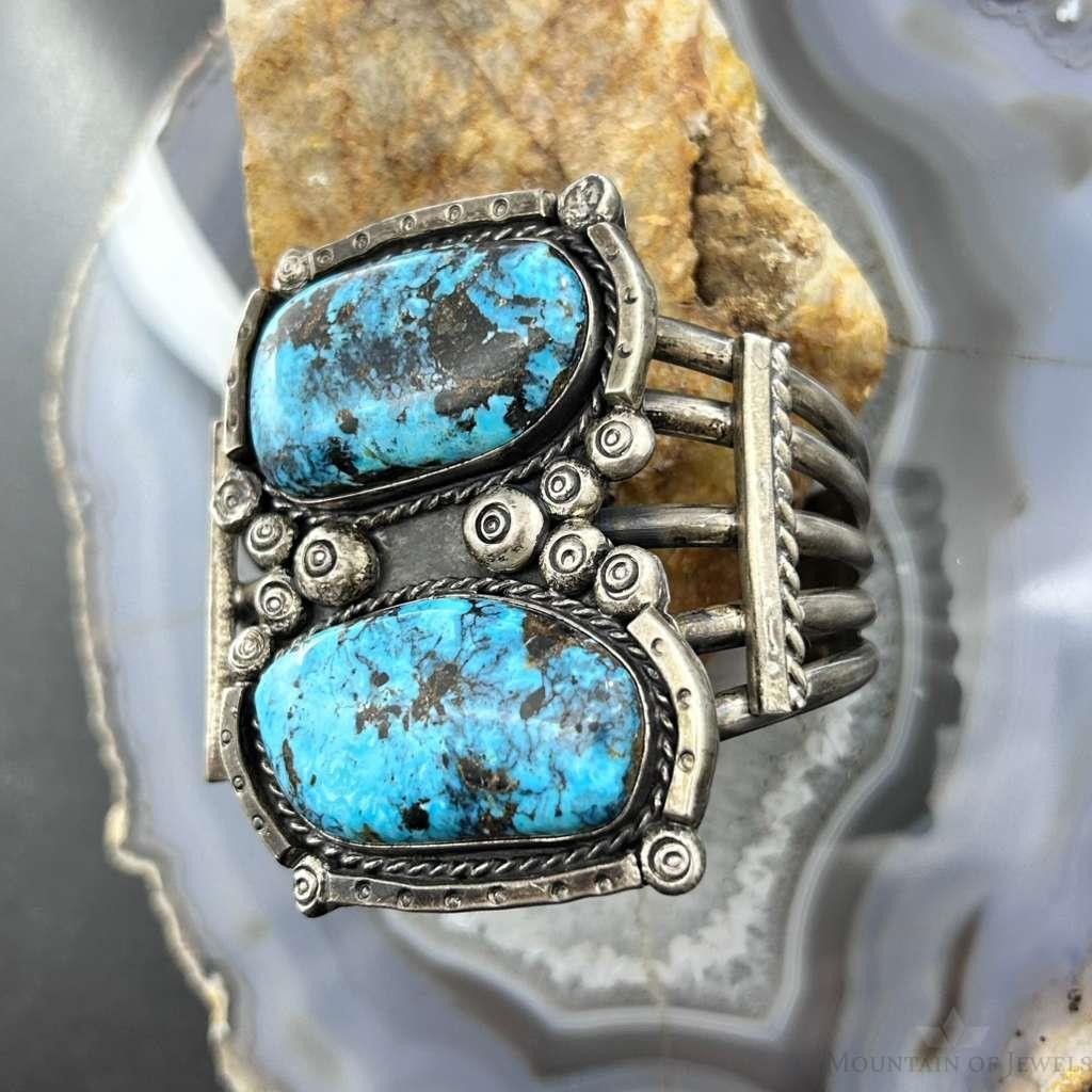 Vintage Native American Silver 2 Large Blue Diamond Turquoise Bracelet For Women