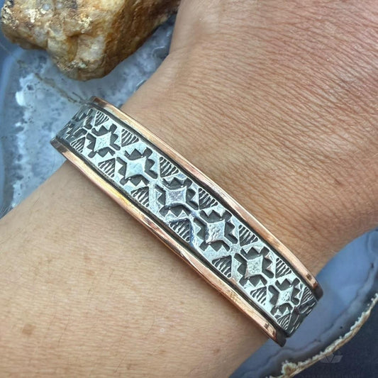 Wylie Secatero Navajo Sterling Silver & Copper Stamped Bracelet For Women #3