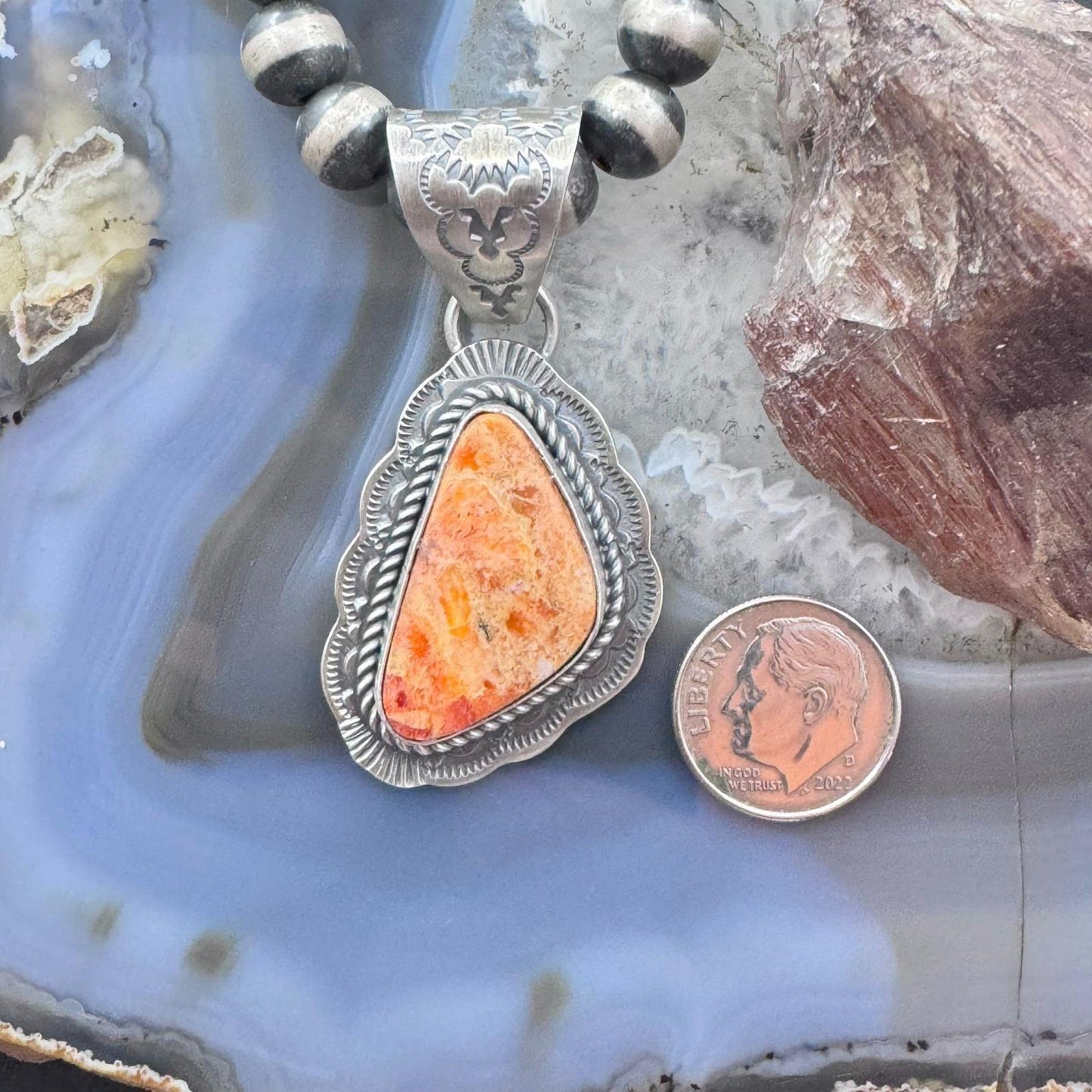 Gilbert Platero Sterling Silver Triangle Orange Spiny Oyster Pendant For Women