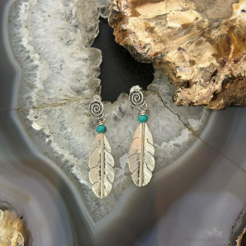 Anthony Gatewood Sterling Silver & Turquoise Spiral Feather Dangle Earrings For Women