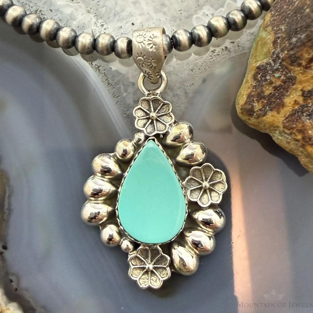 Sterling Silver Southwestern Style Teardrop Turquoise Decorated Pendant For Women