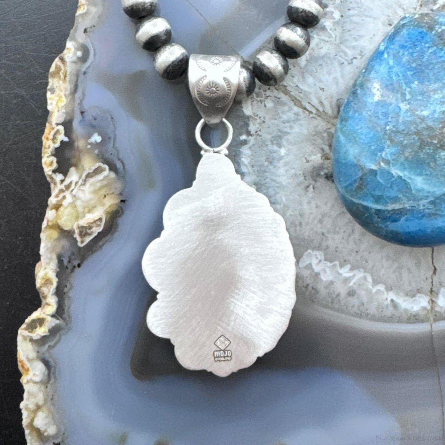 Sterling Silver Southwestern Style Elongated Oval Peanut Obsidian Decorated Pendant For Women