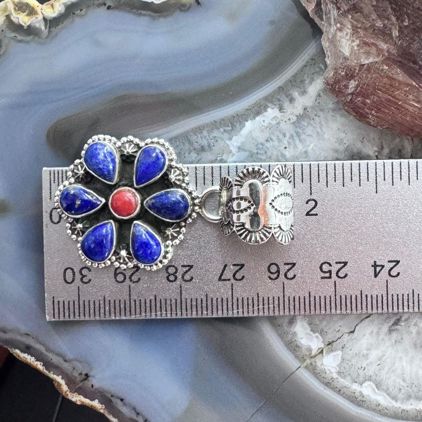 Native American Sterling Silver Lapis & Coral Flower Decorated Pendant For Women