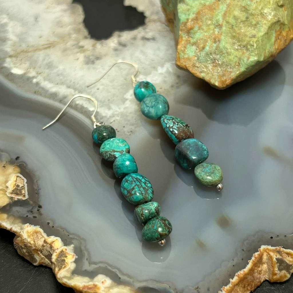 Sterling Silver Natural 5 Turquoise Beads Long Dangle Earrings For Women