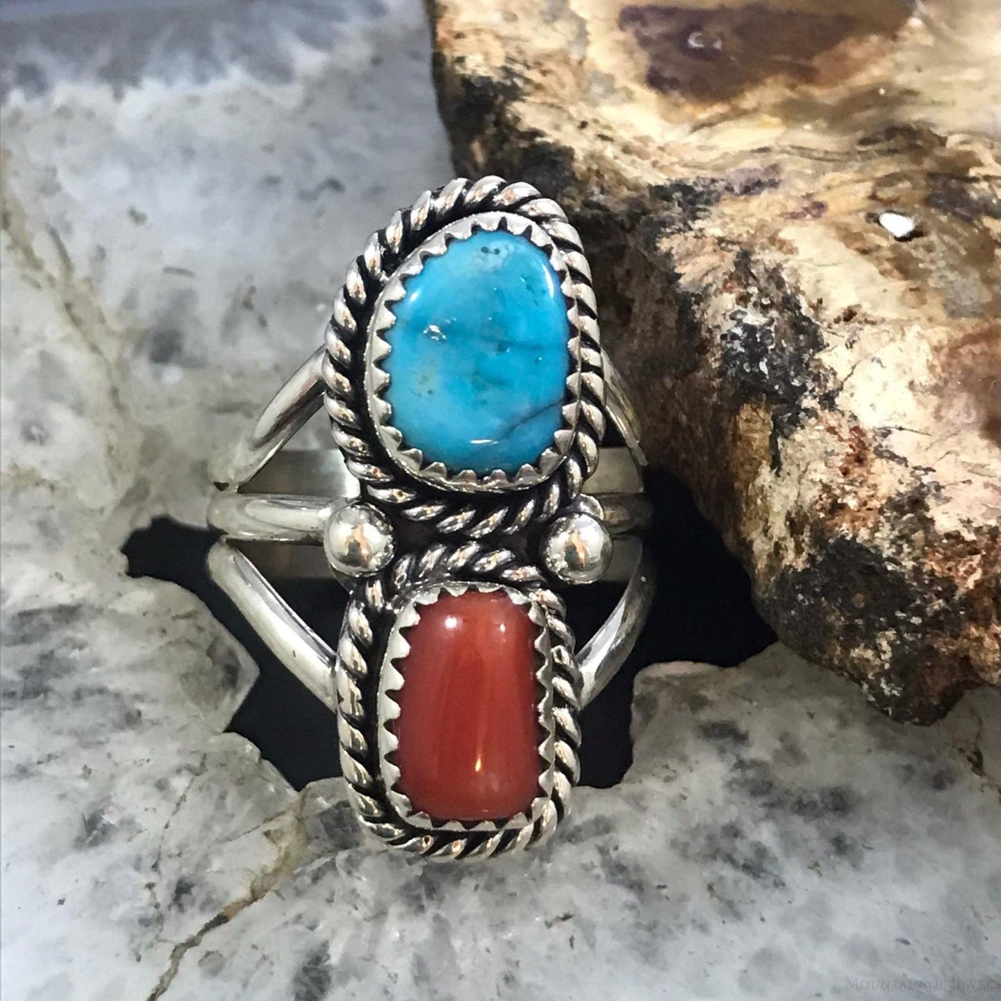 Native American Sterling Silver Coral & Sleeping Beauty Turquoise Ring Size 8 For Women