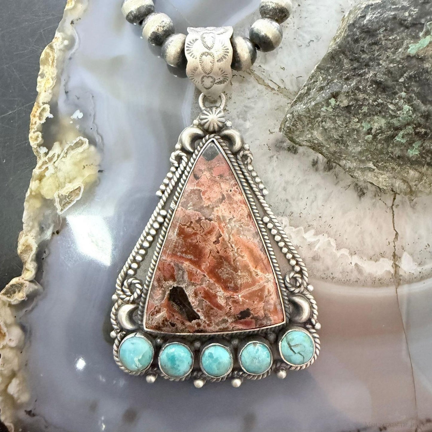 Sterling Silver Southwestern Style Triangle Dendritic Jasper & Turquoise Pendant For Women