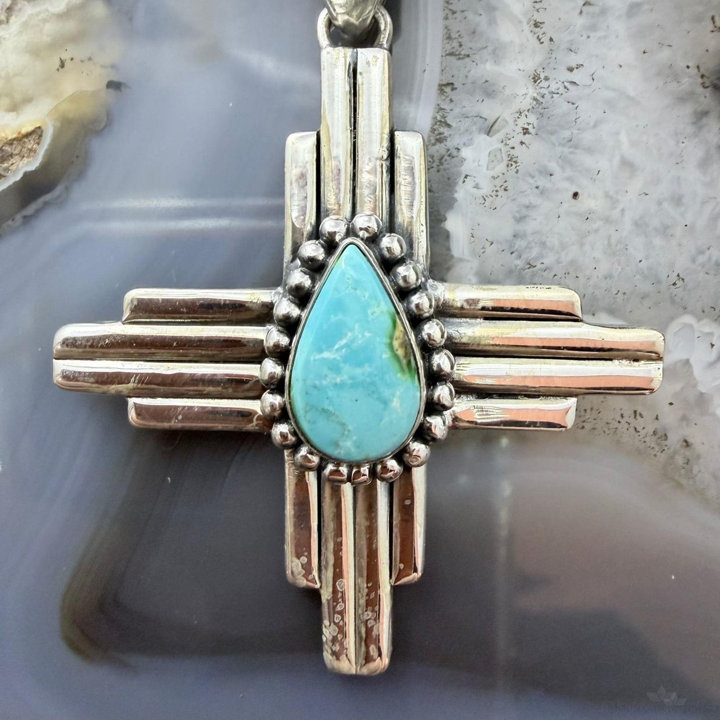 Sterling Silver Southwestern Style Teardrop Turquoise Unisex Zia Pendant