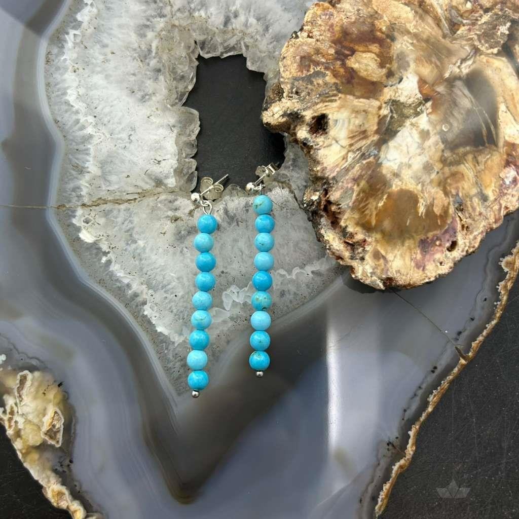 Sterling Silver 9 Rounded Turquoise Beads Long Dangle Earrings For Women