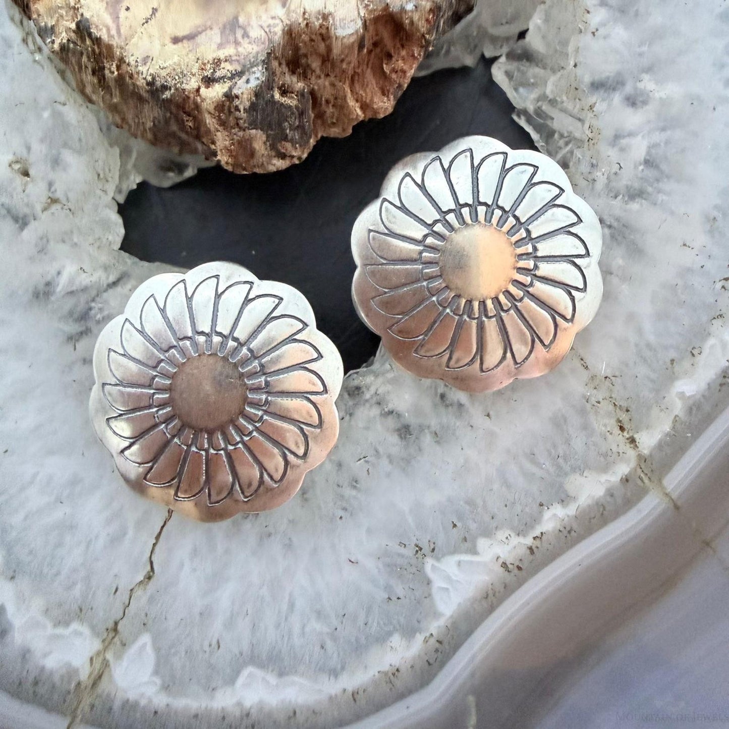 Native American Sterling Silver Floral Stamped Post Earrings For Women
