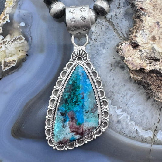 Sterling Silver Southwestern Style Triangular Shattuckite Decorated Pendant For Women