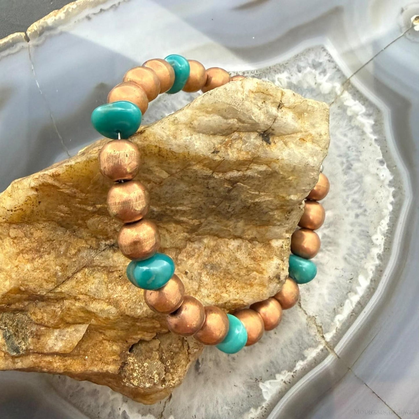Copper 7.5mm Pearl Beads & Turquoise 6.25" Bracelet For Women
