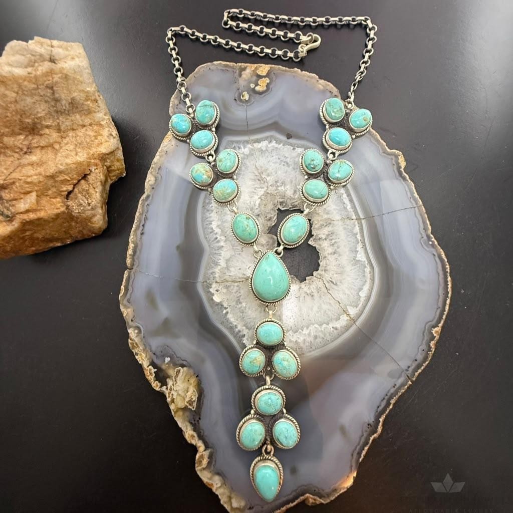 Sterling Silver Southwestern Style KingmanTurquoise Lariat Cluster 24.5" Necklace