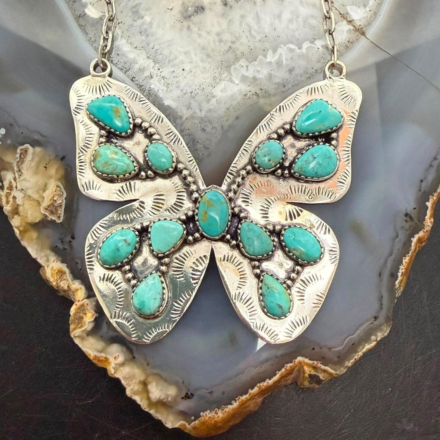 Sterling  Silver Southwestern Style Kingman Turquoise Butterfly Pendant 20.5" Necklace For Women