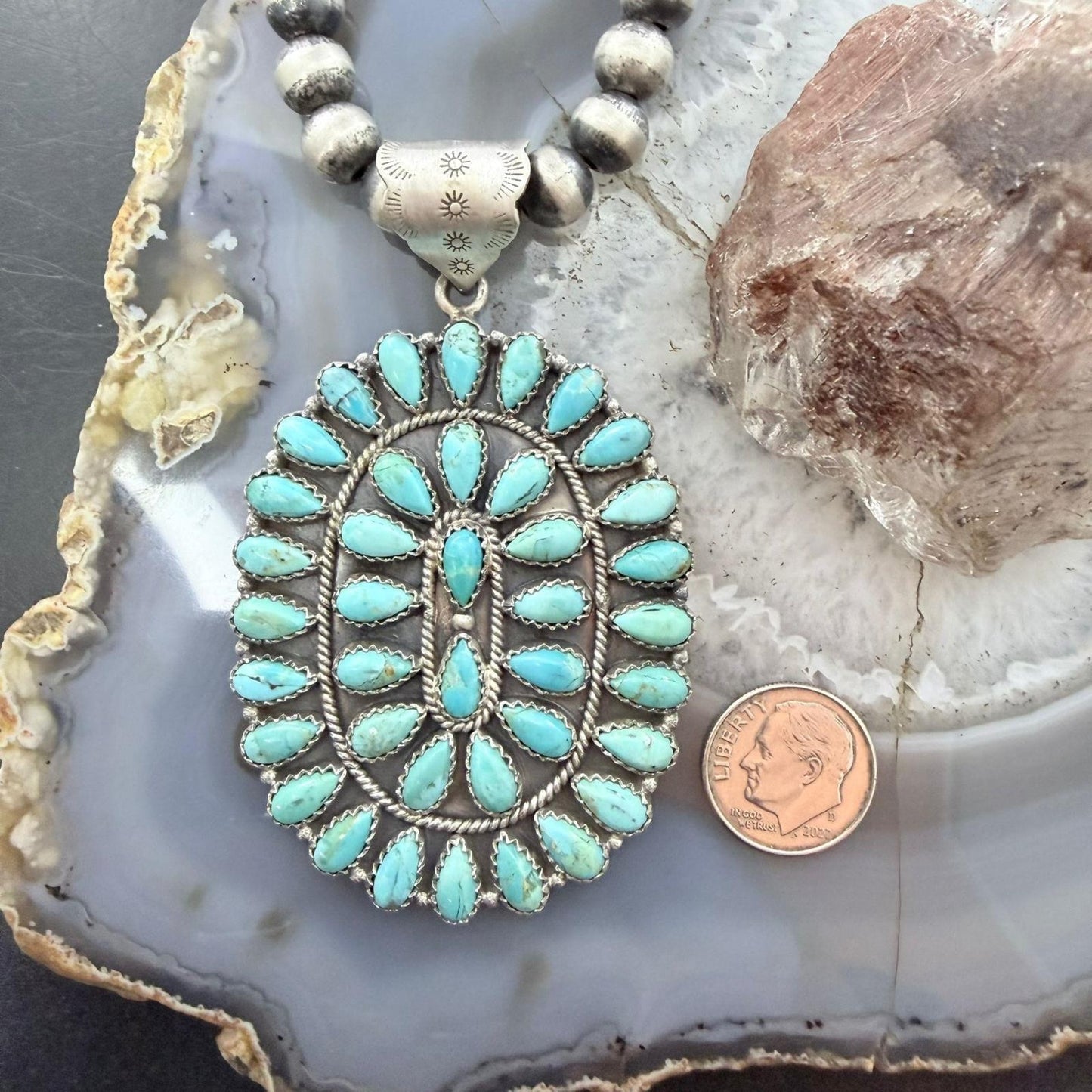 Sterling Silver Southwestern Style Turquoise Decorated Large Cluster Pendant For Women