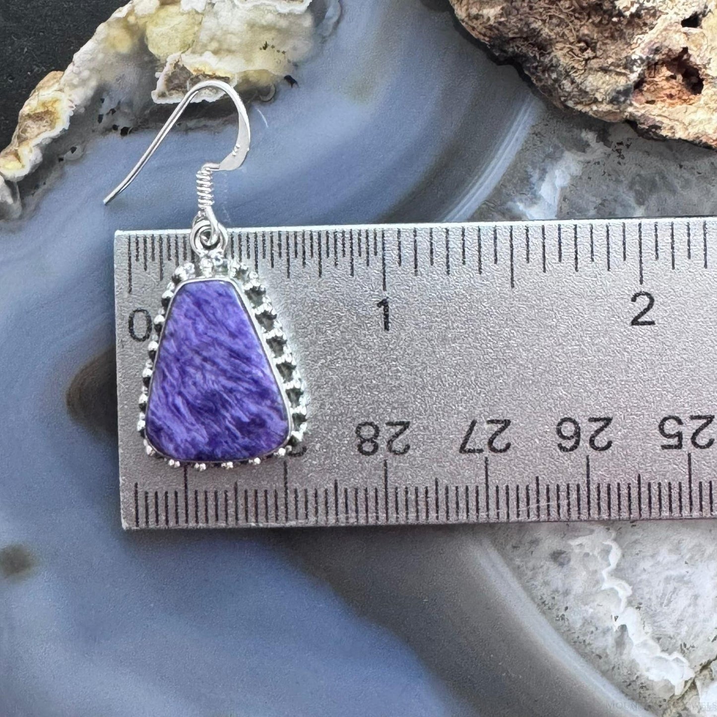 Sterling Silver Southwestern Style Trapezoid Charoite Decorated Dangle Earrings For Women