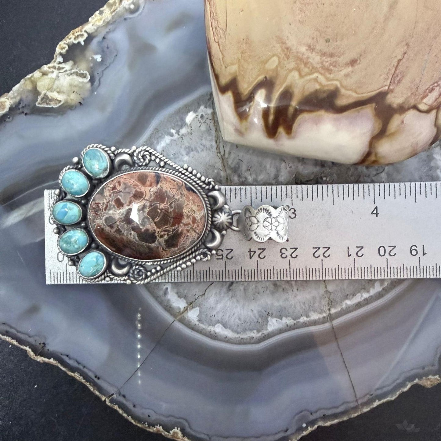 Sterling Silver Southwestern Style Oval Red Creek & Mohave Turquoise Pendant For Women