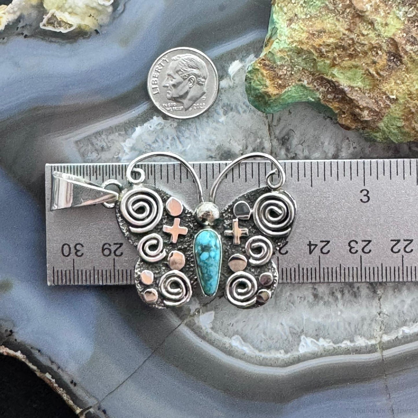 Alex Sanchez Sterling Silver Turquoise & Petroglyph Butterfly Pendant For Women