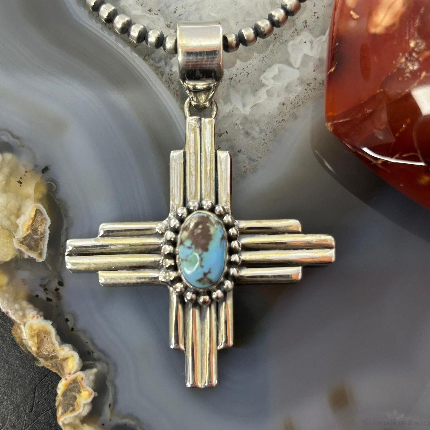 Sterling Silver Southwestern Style Oval Golden Hill Turquoise Unisex Zia Pendant