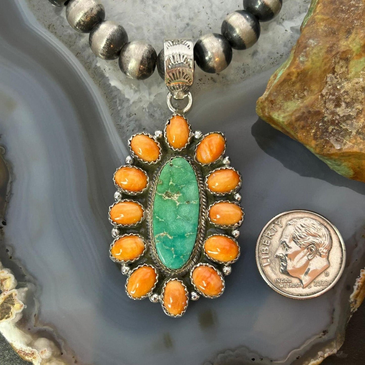 Sterling Silver Southwestern Spiny Oyster & Emerald Valley Turquoise Cluster Pendant For Women