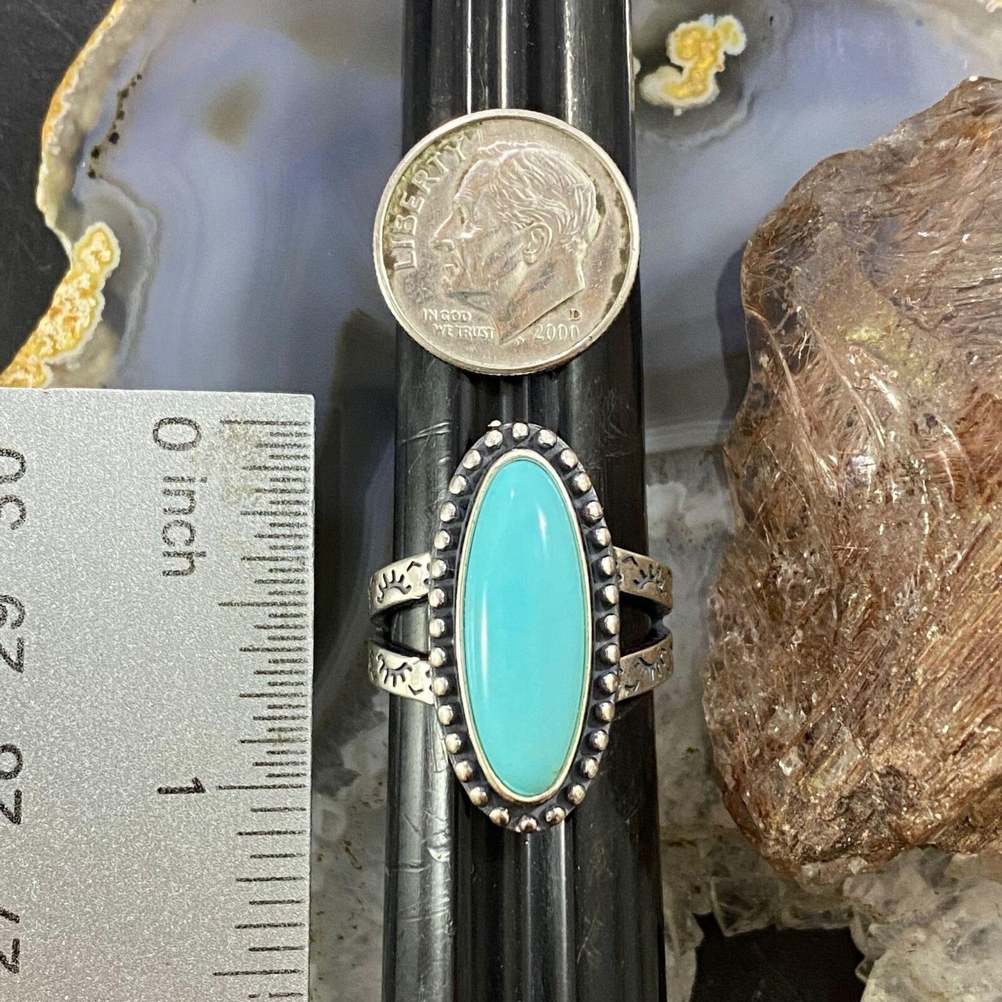 Carolyn Pollack Southwestern Style  Sterling Silver Oval Blue Turquoise Decorated Ring For Women