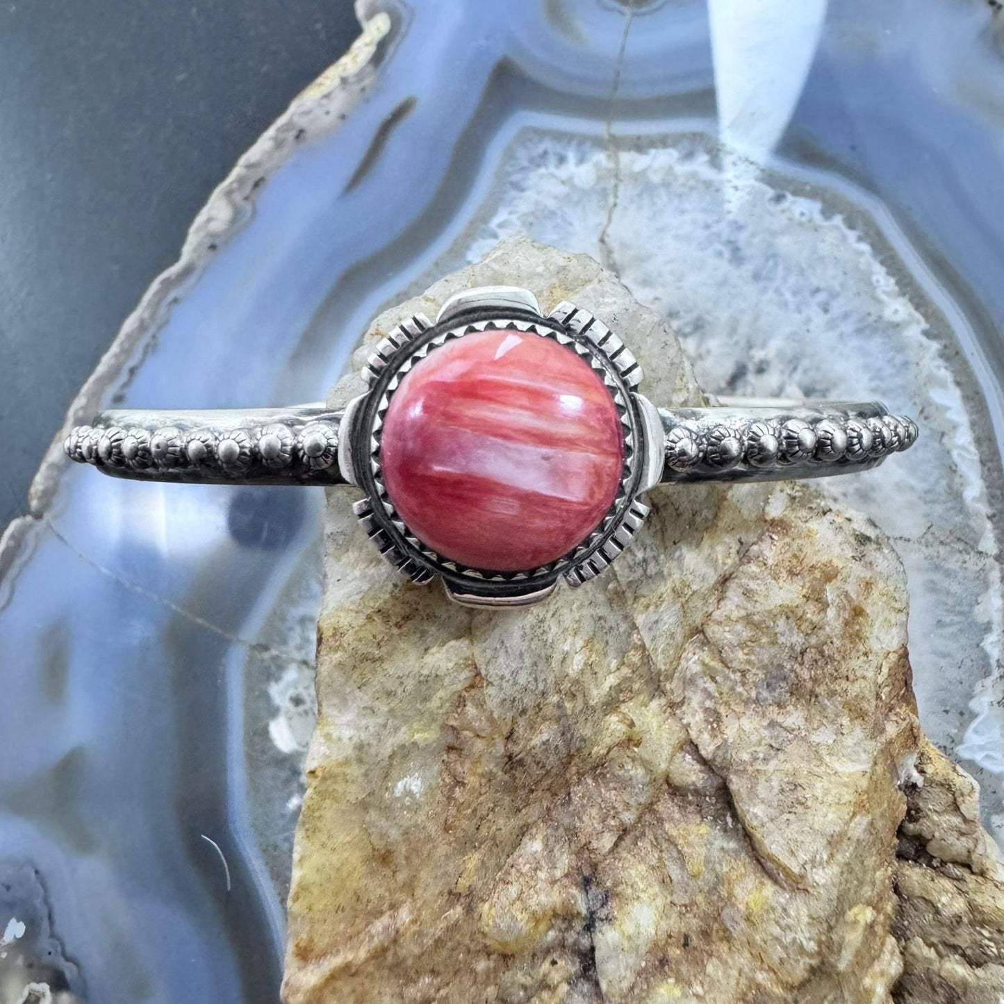 Native American Sterling Round Orange Spiny Oyster Decorated Bracelet For Women