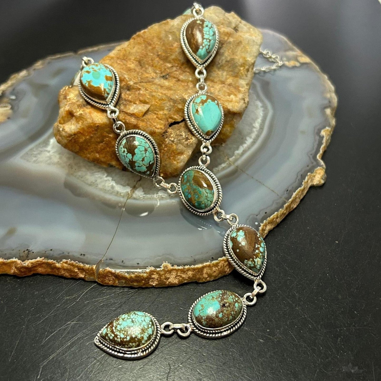 Sterling Silver Southwestern Style Turquoise #8 Cluster Lariat 28" Necklace For Women #1