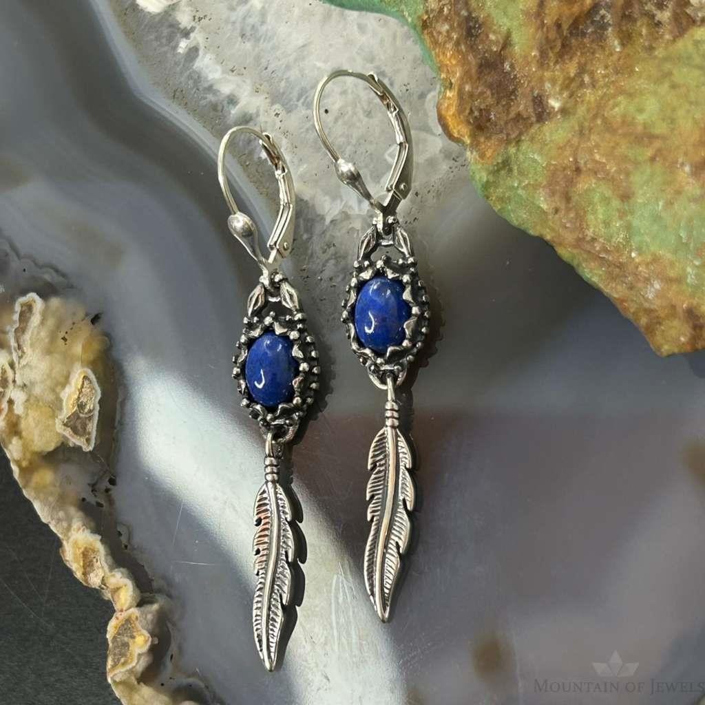 Carolyn Pollack Sterling Silver Lapis with Feather Dangle Earrings For Women