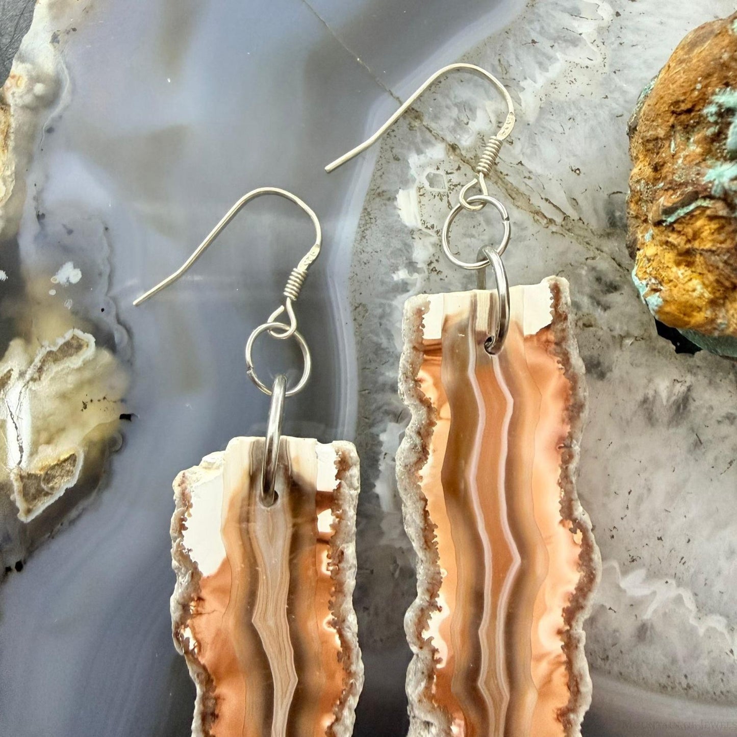 Sterling Silver Agate Slab Dangle Earrings For Women #404