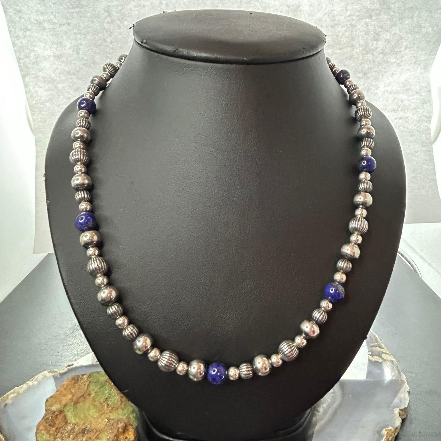 Carolyn Pollack Sterling Silver Decorated 4mm-8mm with Lapis Beads Necklace For Women