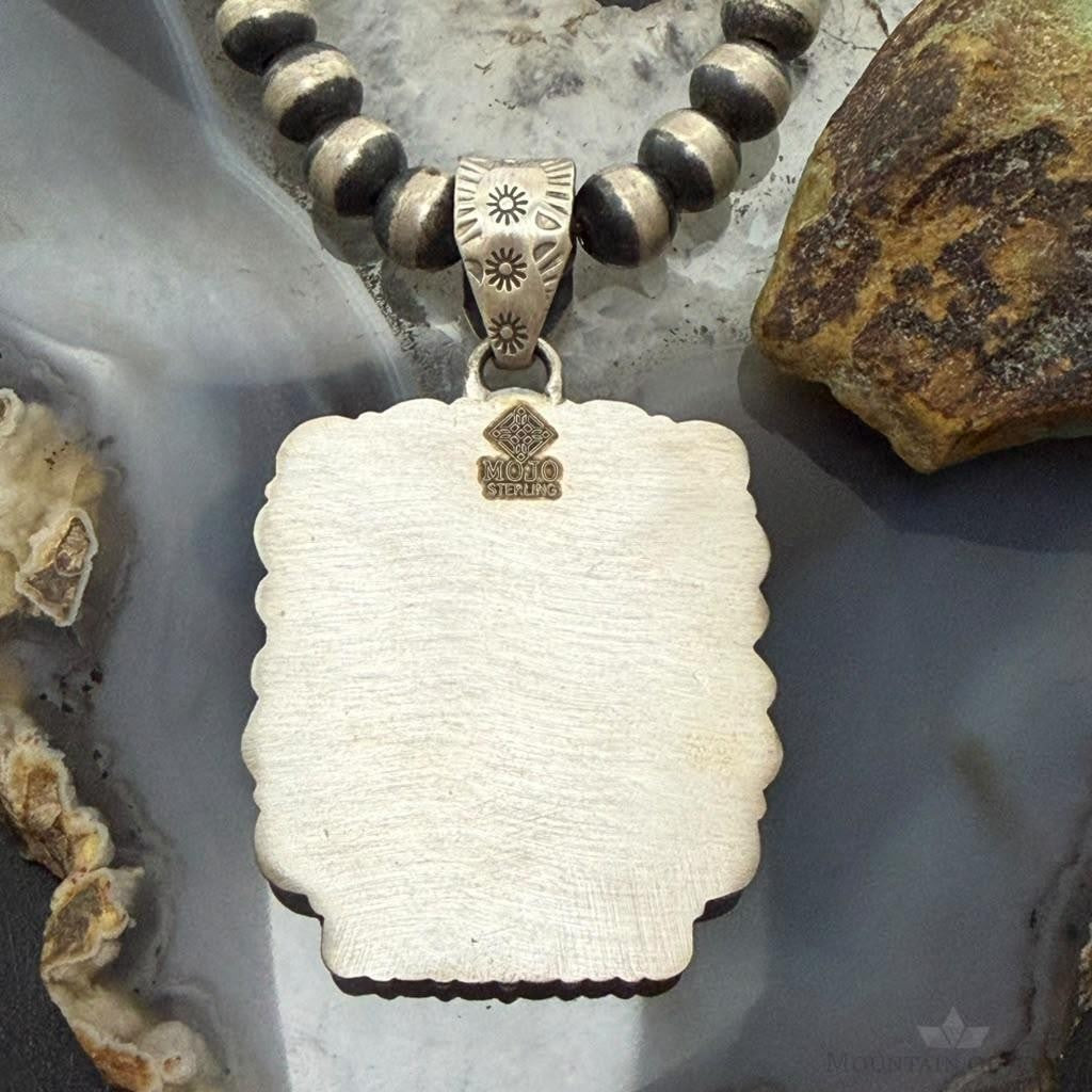 Sterling Silver Southwestern Style Square Blackjack Turquoise Decorated Pendant For Women