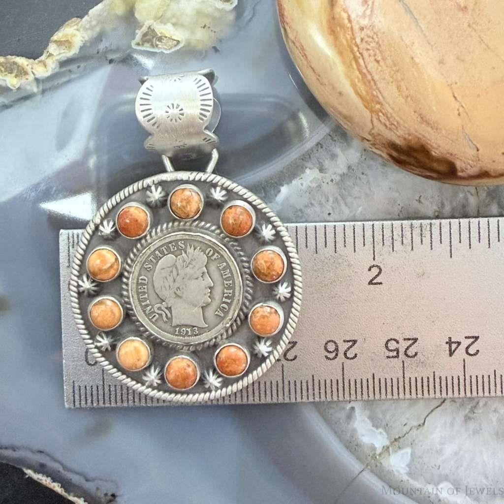 Genuine 1913 90% Silver Barber Head Dime Coin w/Orange Spiny Oyster Pendant