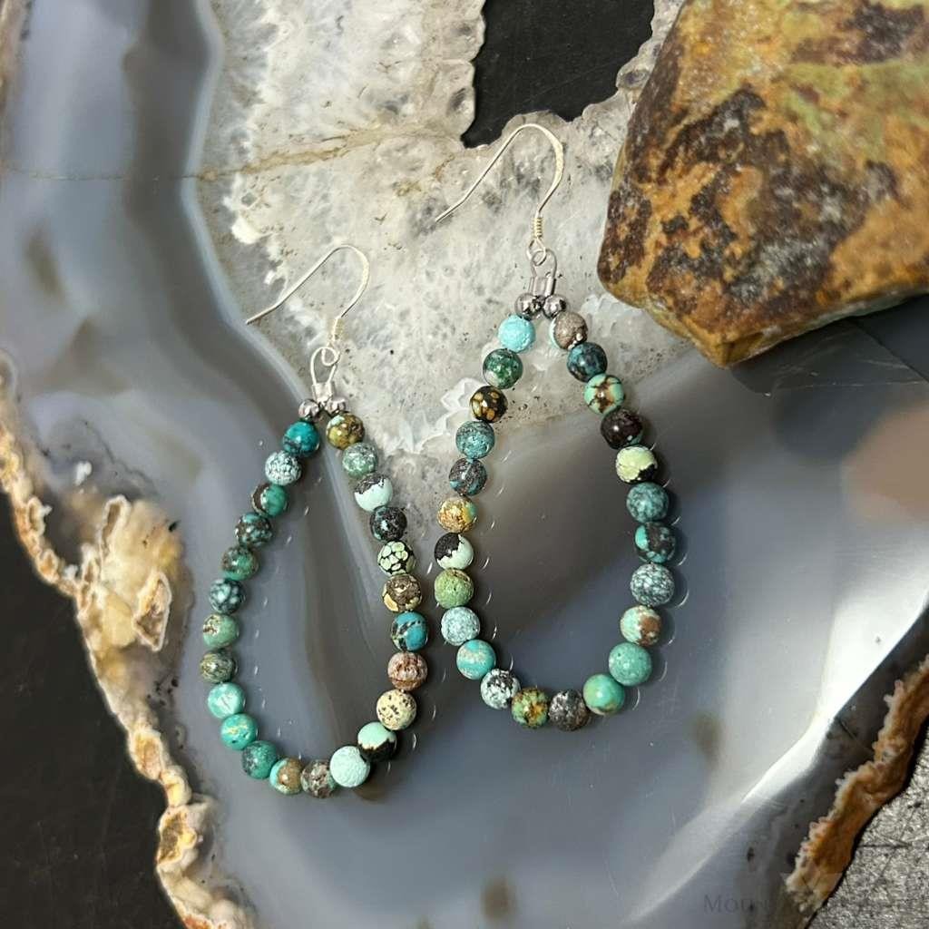 Sterling Silver Rounded Various Turquoise Beads Hoop Dangle Earrings For Women