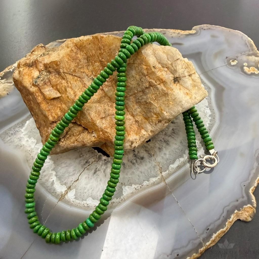 Sterling Silver Southwestern Style Round Green Turquoise Beads 16" Necklace For Women