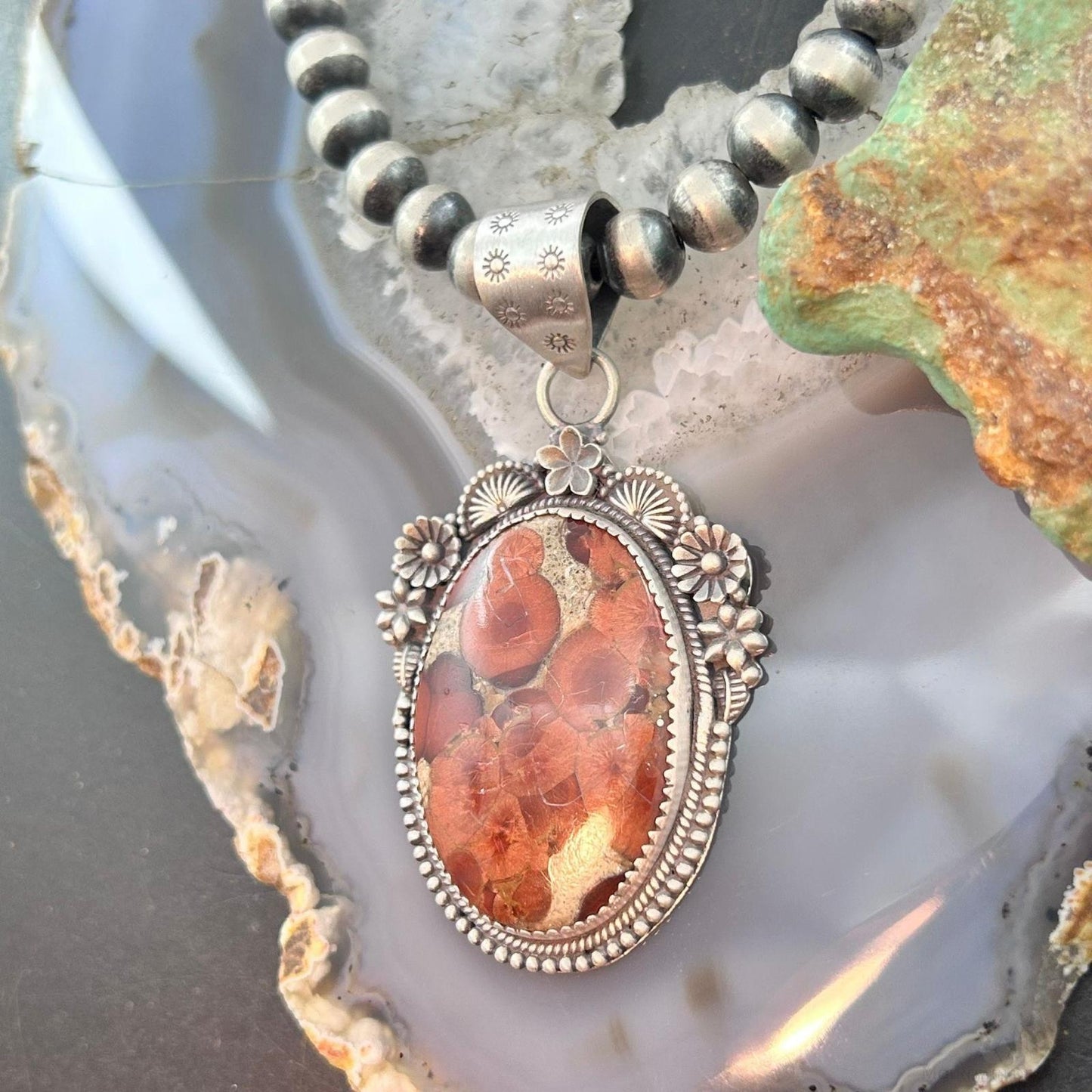 Sterling Silver Southwestern Style Oval Peanut Obsidian Decorated Pendant For Women