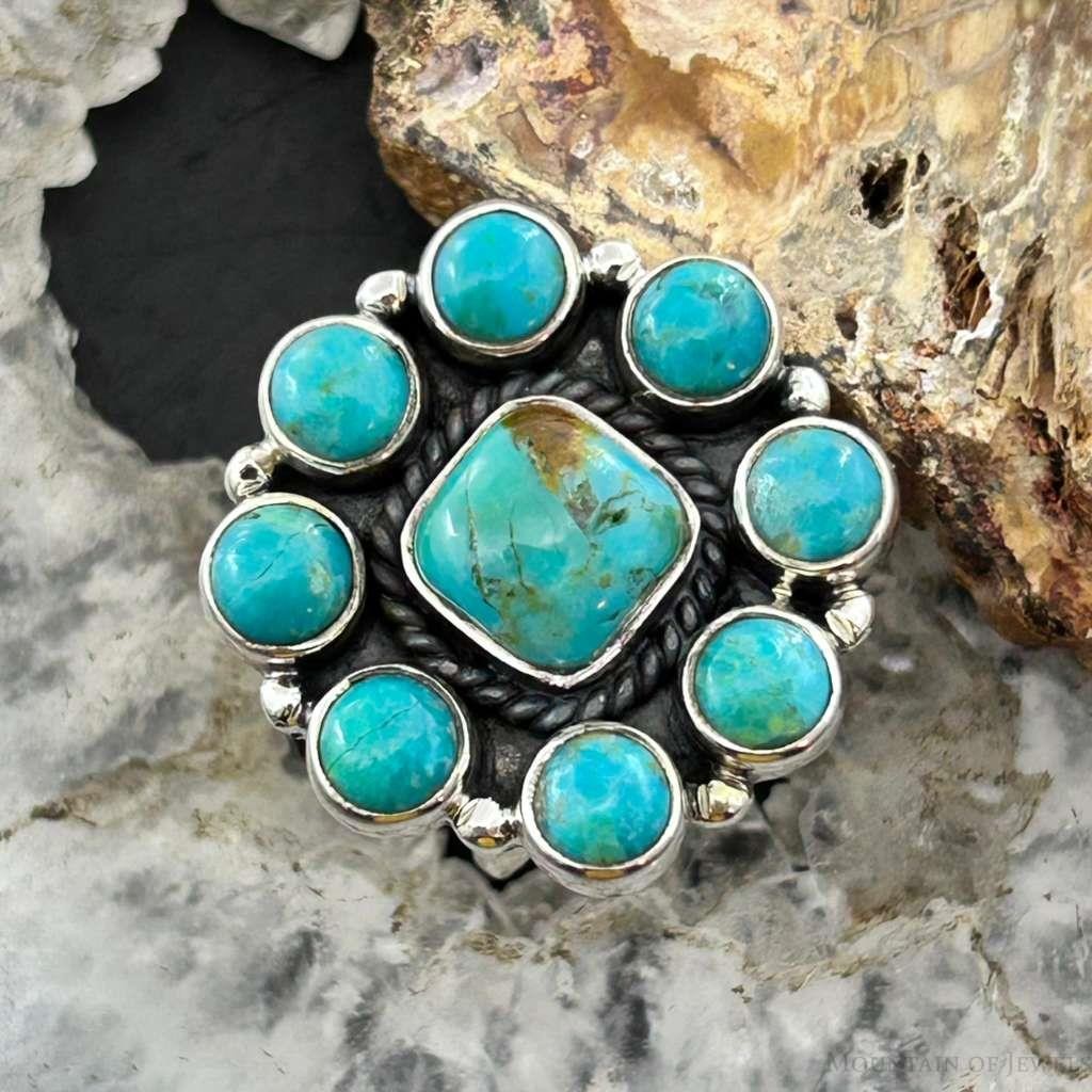 Sterling Silver Southwestern Style Mohave Turquoise Cluster Ring Size 7.5 For Women