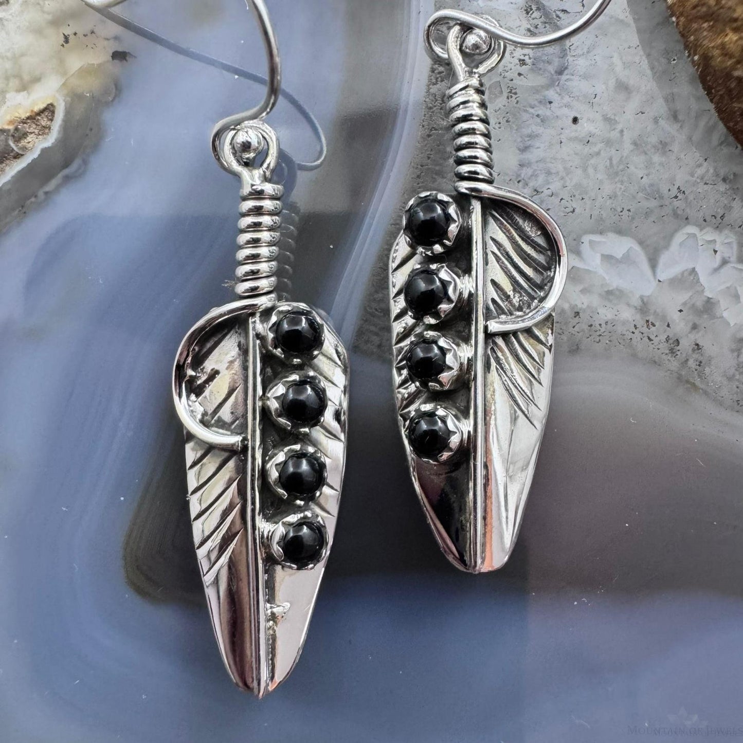 Sterling Silver Southwestern Style 4 Onyx Dots Feather Dangle Earrings For Women