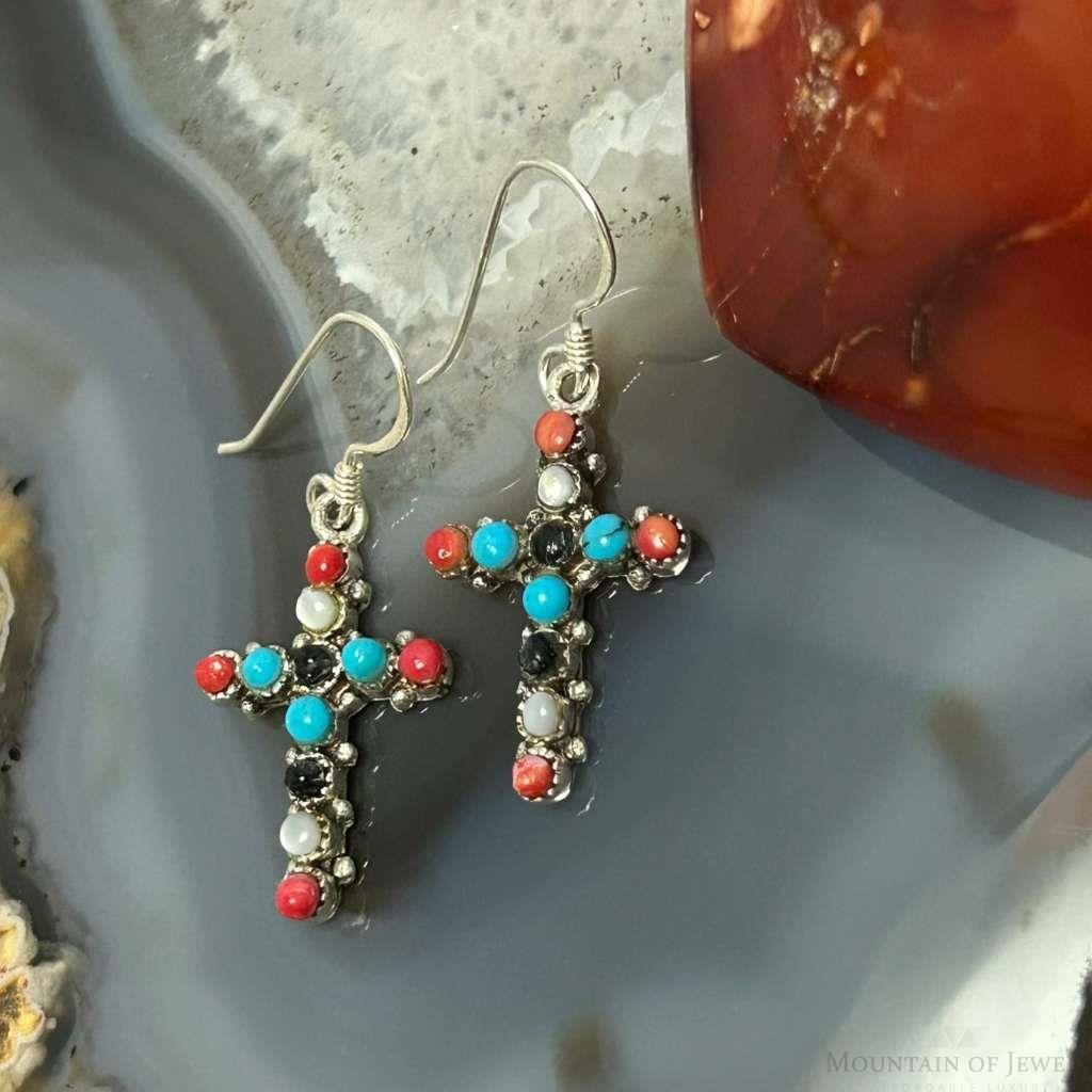Sterling Silver Southwestern Style Multi-Stone Cross Dangle Earrings For Women